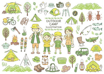 夏のアウトドア　レジャー　キャンプ　家族　アイコン　イラストセット　（主線あり）