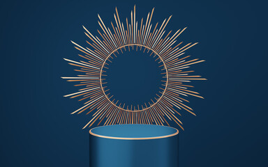 Empty blue cylinder podium with gold border and spiked halo circle on blue background. Abstract minimal studio 3d geometric shape object. Pedestal mockup space for luxury display. 3d rendering. - obrazy, fototapety, plakaty