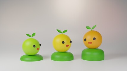 3d orange fruit cartoon, Happy and grow up concept. green yellow and orange color fruit on white studio background.