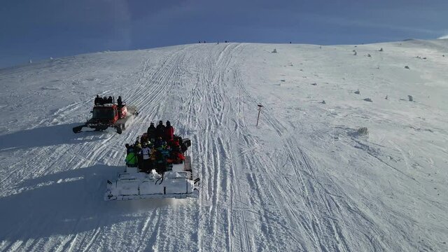 Ratrak. Ratrak lifts skiers to the top of Mount Gemba. Aerial view.