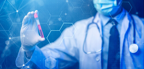 Health check, physical medical examination, doctor analyzing patient data futuristic digital smart technology. Doctor with blood tube virus DNA data info, medical lab augmented reality technology