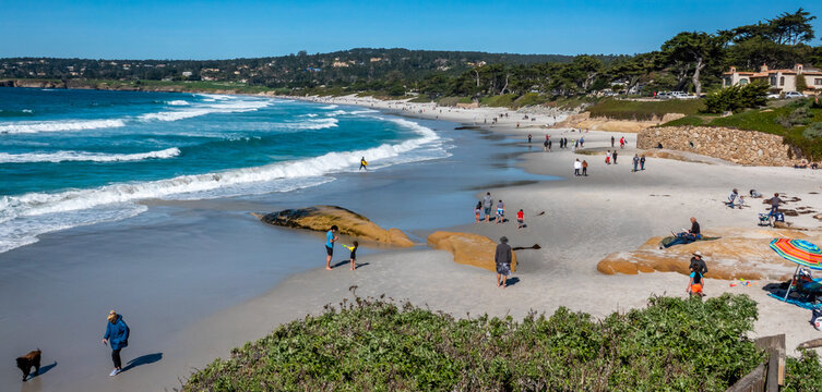 Families and dog walkers enjoy the sandy shores of Carmel Beach, along the Monterey Bay of the central California coast.  