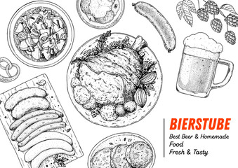 German food menu sketches. Design template. Hand drawn vector illustration. German cuisine. Black and white. Engraved style. Hand drawn food sketch illustration. Retro vintage menu.