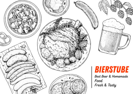 German food menu sketches. Design template. Hand drawn vector illustration. German cuisine. Black and white. Engraved style. Hand drawn food sketch illustration. Retro vintage menu.