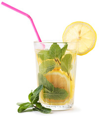 Glass of lemonade with cocktail straws and mint on a white background. Isolated