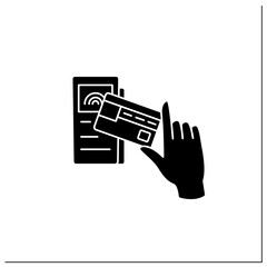 NFC glyph icon. Credit card for payment.Banking terminal. Near Field Communication. Contactless payment concept.Filled flat sign. Isolated silhouette vector illustration