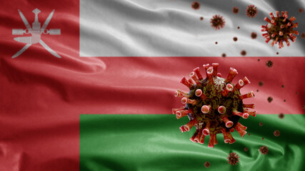 3D, Flu coronavirus floating over Omani flag. Oman and pandemic Covid 19