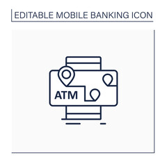 ATMs mobile map line icon. Location automated teller machine.Marker with ATM cashpoint bank. GPS locations. Online mobile banking service concept. Isolated vector illustration.Editable stroke