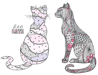 Zen cats. Design Zentangle. Hand drawn cat with abstract patterns on isolation background. Design for spiritual relaxation for adults. Zen art