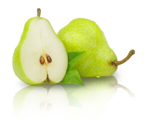 Ripe sweet green pear isolated on white background. Fresh fruit products.