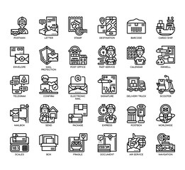 Fototapeta premium Set of Postal Service thin line and pixel perfect icons for any web and app project.
