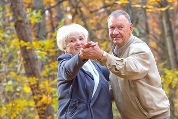 Happy senior couple dancing in an autumn park