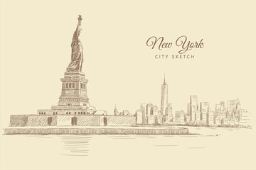 Sketch of a Statue of Liberty and outlines of a city with skyscrapers, New York, hand-drawn.	