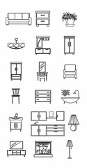 Kitchen, hallway, living room, bedroom. Sofa, armchair, wardrobe, chest of drawers, TV, mirror, floor lamp, chandelier. Part of a set of furniture and interior accessories. Isolated vector objects.