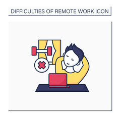 Remote work color icon. Lack of physical activities. Laziness. Tired. Have not time to sport. Career difficulties concept. Isolated vector illustration