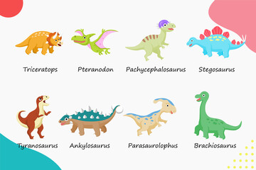 Set of cute 8 dinosaurs for children and kids. Flat design cartoon vector illustration style.