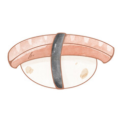 Watercolor sushi and rolls with salmon asian food. Textured digital art. Print for menu, restaurant, sticker, postcard, textiles, tattoo, stationery, packaging brand