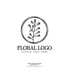 Hand drawn floral logo design template isolated on white background