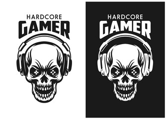 Video games related t-shirt design. Hardcore gamer quote text phrase quotation. Agressive skull in headphones. Vector vintage illustration.