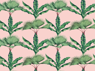 Watercolor painting tree coconut,palm leaf,banana leaves seamless pattern on pink background.Watercolor illustration tropical exotic leaf prints for wallpaper,textile Hawaii aloha jungle pattern.