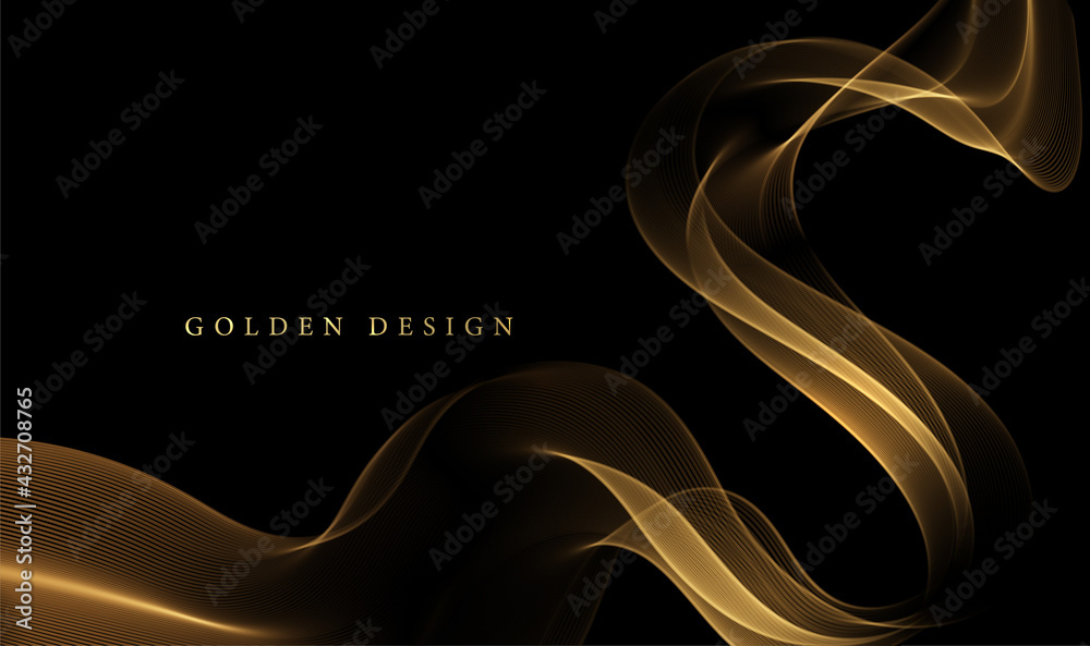 Poster Abstract Gold Waves. Shiny golden moving lines design element on dark background for greeting card and disqount voucher.