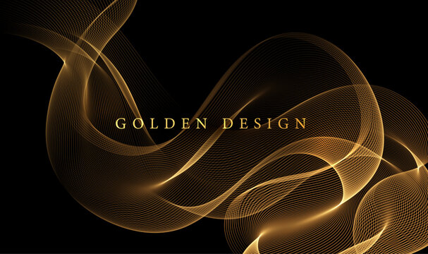 Abstract Gold Waves. Shiny golden moving lines design element on dark background for greeting card and disqount voucher.