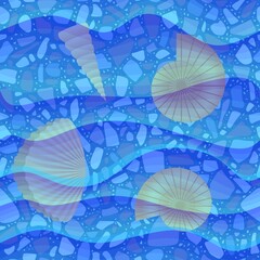 Nautical seamless pattern. Beautiful seashells on bottom with stones under blue waves.