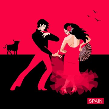 Handsome young Spaniard in traditional costume and girl flamenco dancer in red dress and holding fan in her hand against sunset sky with flying birds and unofficial symbol of Spain - black bull.