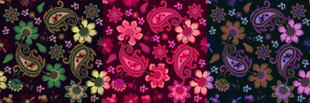Luxury collection of three seamless decorative floral and paisley patterns in vintage style. Damask, indian, russian, turkish motifs.