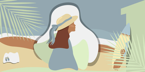 Abstract background with a portrait of a girl in profile. Simple flat trending illustration in minimal style with palm leaves. Relaxing by the ocean, surfing and a girl in a hat.