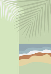 Fototapeta na wymiar Poster with a seascape. Relax on the beach. Flat trendy illustration in minimal style with palm leaves and sandy beach. Green colors.