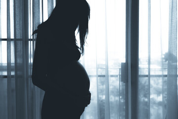 Fototapeta na wymiar Slihouette of pregnant woman in the bedroom