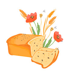 Hand drawn loaf of wheat bread, poppy flowers and cereal plants for bakery and bread packaging, flat vector illustration isolated on white background. Emblem or logo for bakehouse or bakery.