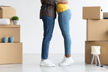 Fototapeta na wymiar Cropped image of black couple embracing among cardboard boxes after relocation