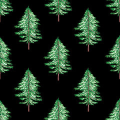 Green fluffy Christmas trees on a black background. Seamless background with trees. Watercolor illustration with elements of nature. Ecology, gardening. For the design wrapping, printing on fabric.