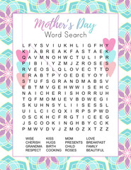 Beautiful Mother's Day word search puzzle.  Educational game.  Spring crossword suitable for social media post. Party card. Printable colorful worksheet for learning English words. Vector illustration