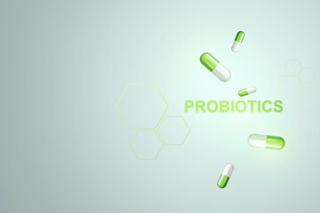 Probiotics lettering and pills image. The concept of diet, intestinal microflora, microorganisms, healthy digestion. 3D render, 3D illustration.