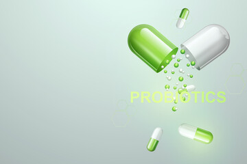 Probiotics pills lettering. The concept of diet, intestinal microflora, microorganisms, healthy digestion. 3D render, 3D illustration.