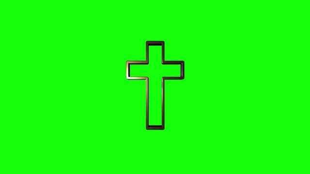 3D gold Christian cross icon isolated on green background. Church cross. Motion graphics.