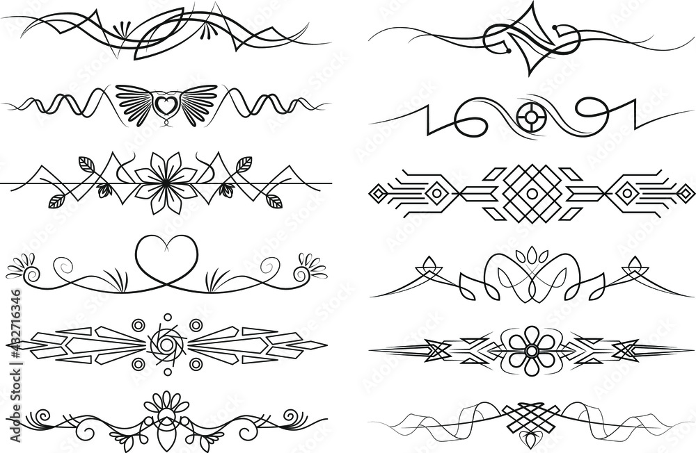 Poster set of text delimiters for your projects. vector flourish linear illustrations with curls and flower