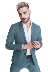 attractive businessman with untied shirt touching palms