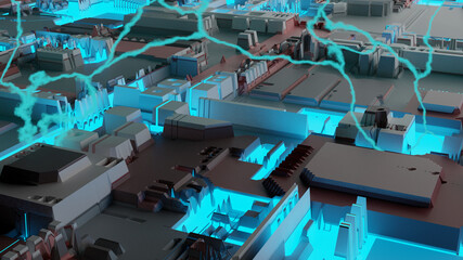 Blue electromagnetic bolt on a computer mainboard (3D Rendering)