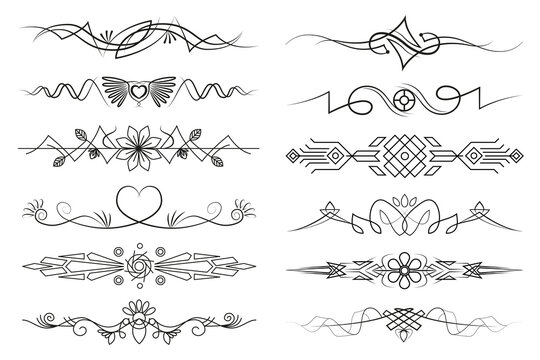 Set of text delimiters for your projects.  Flourish linear illustrations with curls and flowers. Text dividers set. Calligraphic ornament set. Vintage decorations.