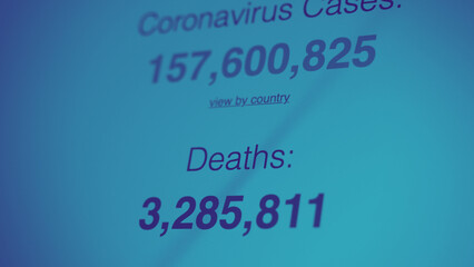 Coronavirus pandemic statistics on screen. Number of Covid 19 cases rising. Map data showing increasing numbers of Corona virus pandemic infected cases. international statistics. Health care concept. 