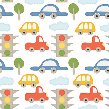 Cartoon car seamless pattern for kids, boys. Vector illustration.