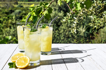 Drink glasses with lemonade on white wooden table in the garden. Lemon detox drink, summer alcolic free cocktail. Healthy concept