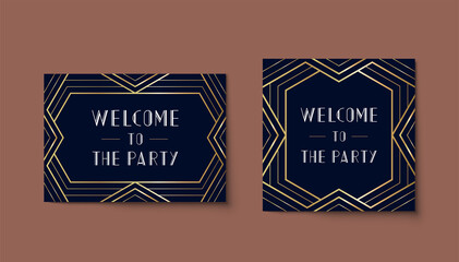 Art deco ornament invitation card. Vector party invitation flyer, vintage decorative mockup in classic retro style. Luxury greeting card design with golden ornamental frame