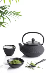 Foto op Aluminium Matcha tea powder and tea accessories on white base with copyspace. Tea ceremony. Traditional japanese drink Vertical format. © Miguel Tamayo 