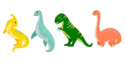 Obraz premium Set of cute dinosaurs in cartoon style. Bright childish drawing with animals. Vector illustration isolated on white background.