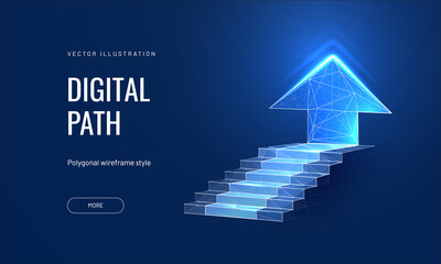 Digital path on a blue background. Business mission concept or goal achievement in a futuristic polygonal style. Digital path abstract vector illustration - obrazy, fototapety, plakaty